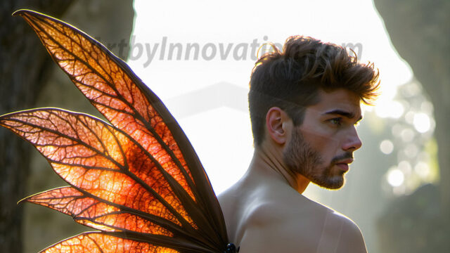 Brought to life through AI, Capturing the Pristine and Elusive Male Fairy. Imagine a realm where handsome shirtless men & boys possess enormous, shimmering crystal wings, vibrant and radiant, capturing and reflecting the light of the environment in a mesmerizing way, and adding a touch of mystery to their intense visage. Outdoors in a fantasy mysterious enchanted realm.