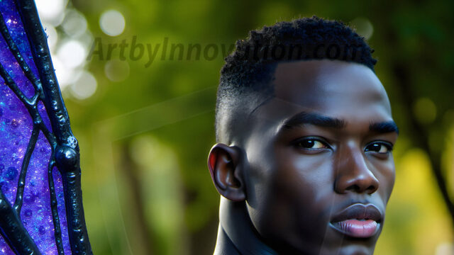 Brought to life through AI, Capturing the Pristine and Elusive Male Fairy. Imagine a realm where handsome shirtless men & boys possess enormous, shimmering crystal wings, vibrant and radiant, capturing and reflecting the light of the environment in a mesmerizing way, and adding a touch of mystery to their intense visage. Outdoors in a fantasy mysterious enchanted realm.