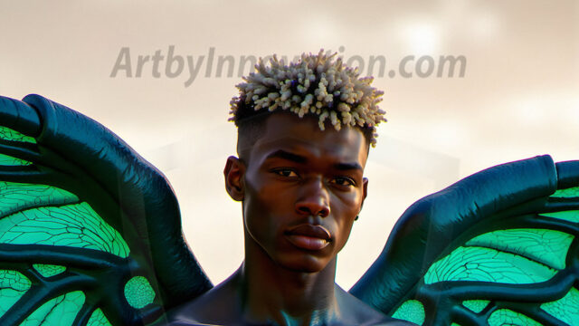 Brought to life through AI, Capturing the Pristine and Elusive Male Fairy. Imagine a realm where handsome shirtless men & boys possess enormous, shimmering crystal wings, vibrant and radiant, capturing and reflecting the light of the environment in a mesmerizing way, and adding a touch of mystery to their intense visage. Outdoors in a fantasy mysterious enchanted realm.