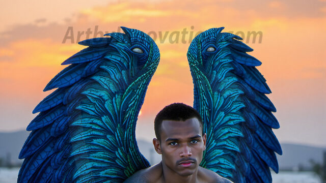 Brought to life through AI, Capturing the Pristine and Elusive Male Fairy. Imagine a realm where handsome shirtless men & boys possess enormous, shimmering crystal wings, vibrant and radiant, capturing and reflecting the light of the environment in a mesmerizing way, and adding a touch of mystery to their intense visage. Outdoors in a fantasy mysterious enchanted realm.