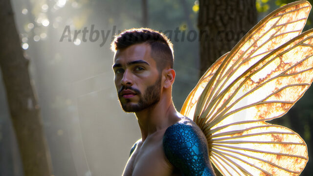 Brought to life through AI, Capturing the Pristine and Elusive Male Fairy. Imagine a realm where handsome shirtless men & boys possess enormous, shimmering crystal wings, vibrant and radiant, capturing and reflecting the light of the environment in a mesmerizing way, and adding a touch of mystery to their intense visage. Outdoors in a fantasy mysterious enchanted realm.
