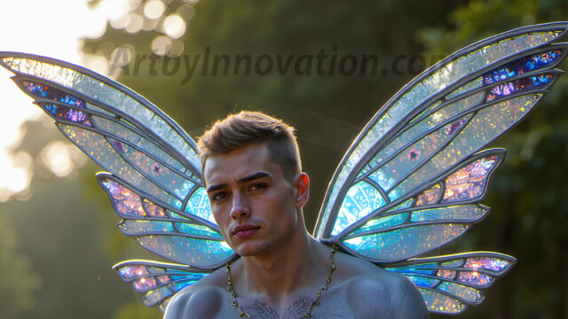 Brought to life through AI, Capturing the Pristine and Elusive Male Fairy. Imagine a realm where handsome shirtless men & boys possess enormous, shimmering crystal wings, vibrant and radiant, capturing and reflecting the light of the environment in a mesmerizing way, and adding a touch of mystery to their intense visage. Outdoors in a fantasy mysterious enchanted realm.