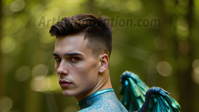 Brought to life through AI, Capturing the Pristine and Elusive Male Fairy. Imagine a realm where handsome shirtless men & boys possess enormous, shimmering crystal wings, vibrant and radiant, capturing and reflecting the light of the environment in a mesmerizing way, and adding a touch of mystery to their intense visage. Outdoors in a fantasy mysterious enchanted realm.