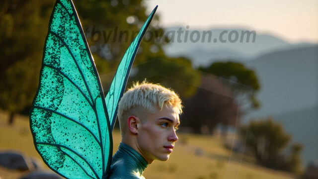 Brought to life through AI, Capturing the Pristine and Elusive Male Fairy. Imagine a realm where handsome shirtless men & boys possess enormous, shimmering crystal wings, vibrant and radiant, capturing and reflecting the light of the environment in a mesmerizing way, and adding a touch of mystery to their intense visage. Outdoors in a fantasy mysterious enchanted realm.