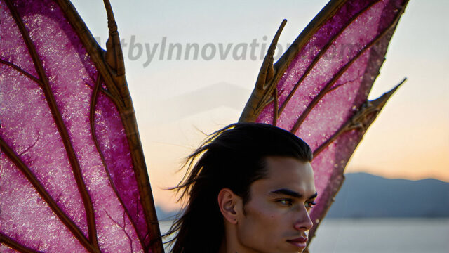 Brought to life through AI, Capturing the Pristine and Elusive Male Fairy. Imagine a realm where handsome shirtless men & boys possess enormous, shimmering crystal wings, vibrant and radiant, capturing and reflecting the light of the environment in a mesmerizing way, and adding a touch of mystery to their intense visage. Outdoors in a fantasy mysterious enchanted realm.
