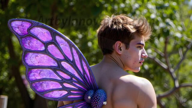 Brought to life through AI, Capturing the Pristine and Elusive Male Fairy. Imagine a realm where handsome shirtless men & boys possess enormous, shimmering crystal wings, vibrant and radiant, capturing and reflecting the light of the environment in a mesmerizing way, and adding a touch of mystery to their intense visage. Outdoors in a fantasy mysterious enchanted realm.