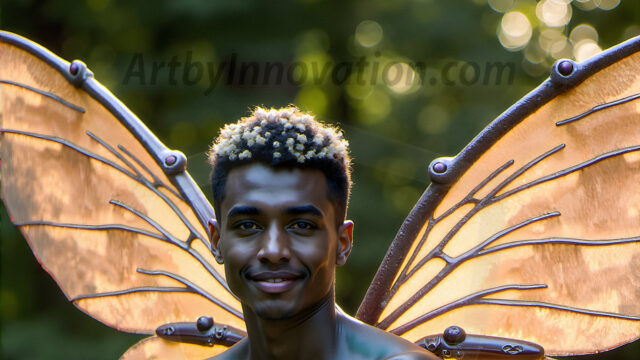 Brought to life through AI, Capturing the Pristine and Elusive Male Fairy. Imagine a realm where handsome shirtless men & boys possess enormous, shimmering crystal wings, vibrant and radiant, capturing and reflecting the light of the environment in a mesmerizing way, and adding a touch of mystery to their intense visage. Outdoors in a fantasy mysterious enchanted realm.