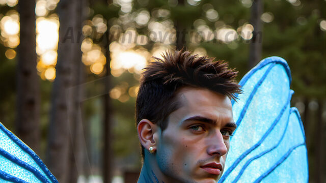 Brought to life through AI, Capturing the Pristine and Elusive Male Fairy. Imagine a realm where handsome shirtless men & boys possess enormous, shimmering crystal wings, vibrant and radiant, capturing and reflecting the light of the environment in a mesmerizing way, and adding a touch of mystery to their intense visage. Outdoors in a fantasy mysterious enchanted realm.
