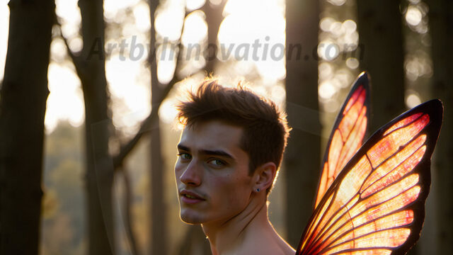 Brought to life through AI, Capturing the Pristine and Elusive Male Fairy. Imagine a realm where handsome shirtless men & boys possess enormous, shimmering crystal wings, vibrant and radiant, capturing and reflecting the light of the environment in a mesmerizing way, and adding a touch of mystery to their intense visage. Outdoors in a fantasy mysterious enchanted realm.
