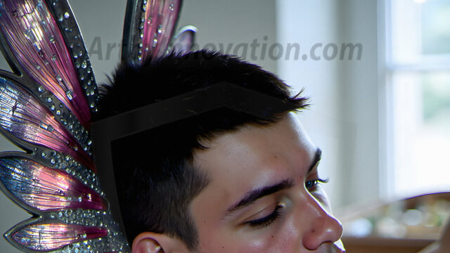 Brought to life through AI, Capturing the Pristine and Elusive Male Fairy. Imagine a realm where handsome shirtless men & boys possess enormous, shimmering crystal wings, vibrant and radiant, capturing and reflecting the light of the environment in a mesmerizing way, and adding a touch of mystery to their intense visage. Outdoors in a fantasy mysterious enchanted realm.