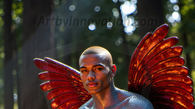Brought to life through AI, Capturing the Pristine and Elusive Male Fairy. Imagine a realm where handsome shirtless men & boys possess enormous, shimmering crystal wings, vibrant and radiant, capturing and reflecting the light of the environment in a mesmerizing way, and adding a touch of mystery to their intense visage. Outdoors in a fantasy mysterious enchanted realm.