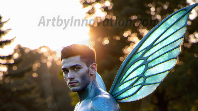 Brought to life through AI, Capturing the Pristine and Elusive Male Fairy. Imagine a realm where handsome shirtless men & boys possess enormous, shimmering crystal wings, vibrant and radiant, capturing and reflecting the light of the environment in a mesmerizing way, and adding a touch of mystery to their intense visage. Outdoors in a fantasy mysterious enchanted realm.
