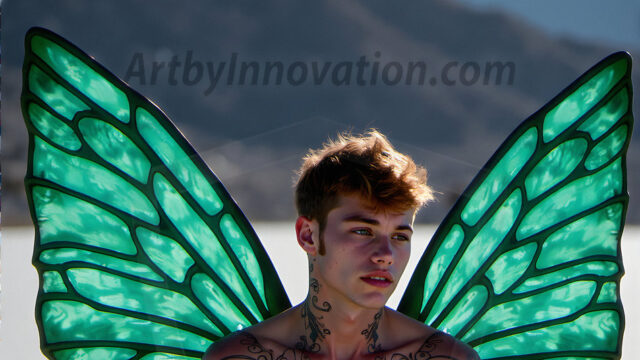 Brought to life through AI, Capturing the Pristine and Elusive Male Fairy. Imagine a realm where handsome shirtless men & boys possess enormous, shimmering crystal wings, vibrant and radiant, capturing and reflecting the light of the environment in a mesmerizing way, and adding a touch of mystery to their intense visage. Outdoors in a fantasy mysterious enchanted realm.