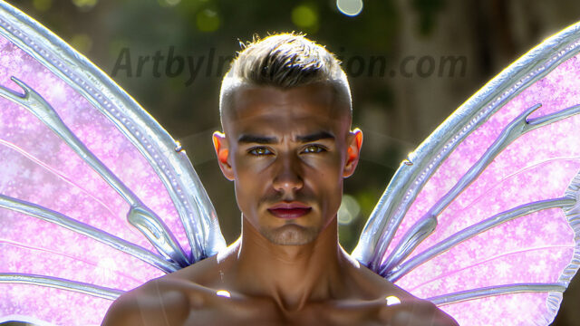 Brought to life through AI, Capturing the Pristine and Elusive Male Fairy. Imagine a realm where handsome shirtless men & boys possess enormous, shimmering crystal wings, vibrant and radiant, capturing and reflecting the light of the environment in a mesmerizing way, and adding a touch of mystery to their intense visage. Outdoors in a fantasy mysterious enchanted realm.