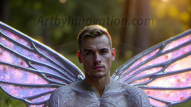 Brought to life through AI, Capturing the Pristine and Elusive Male Fairy. Imagine a realm where handsome shirtless men & boys possess enormous, shimmering crystal wings, vibrant and radiant, capturing and reflecting the light of the environment in a mesmerizing way, and adding a touch of mystery to their intense visage. Outdoors in a fantasy mysterious enchanted realm.
