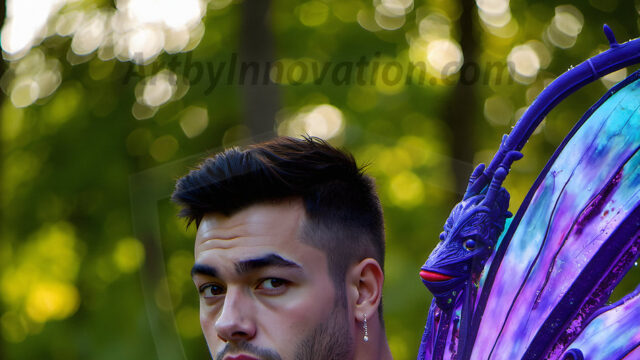 Brought to life through AI, Capturing the Pristine and Elusive Male Fairy. Imagine a realm where handsome shirtless men & boys possess enormous, shimmering crystal wings, vibrant and radiant, capturing and reflecting the light of the environment in a mesmerizing way, and adding a touch of mystery to their intense visage. Outdoors in a fantasy mysterious enchanted realm.