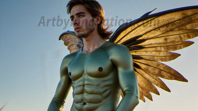 Brought to life through AI, Capturing the Pristine and Elusive Male Fairy. Imagine a realm where handsome shirtless men & boys possess enormous, shimmering crystal wings, vibrant and radiant, capturing and reflecting the light of the environment in a mesmerizing way, and adding a touch of mystery to their intense visage. Outdoors in a fantasy mysterious enchanted realm.