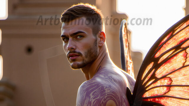 Brought to life through AI, Capturing the Pristine and Elusive Male Fairy. Imagine a realm where handsome shirtless men & boys possess enormous, shimmering crystal wings, vibrant and radiant, capturing and reflecting the light of the environment in a mesmerizing way, and adding a touch of mystery to their intense visage. Outdoors in a fantasy mysterious enchanted realm.