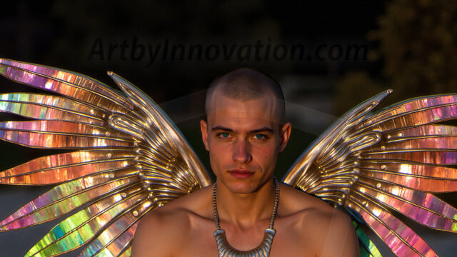 Brought to life through AI, Capturing the Pristine and Elusive Male Fairy. Imagine a realm where handsome shirtless men & boys possess enormous, shimmering crystal wings, vibrant and radiant, capturing and reflecting the light of the environment in a mesmerizing way, and adding a touch of mystery to their intense visage. Outdoors in a fantasy mysterious enchanted realm.