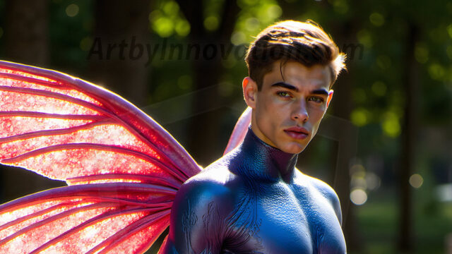 Brought to life through AI, Capturing the Pristine and Elusive Male Fairy. Imagine a realm where handsome shirtless men & boys possess enormous, shimmering crystal wings, vibrant and radiant, capturing and reflecting the light of the environment in a mesmerizing way, and adding a touch of mystery to their intense visage. Outdoors in a fantasy mysterious enchanted realm.