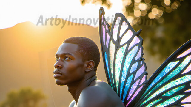 Brought to life through AI, Capturing the Pristine and Elusive Male Fairy. Imagine a realm where handsome shirtless men & boys possess enormous, shimmering crystal wings, vibrant and radiant, capturing and reflecting the light of the environment in a mesmerizing way, and adding a touch of mystery to their intense visage. Outdoors in a fantasy mysterious enchanted realm.