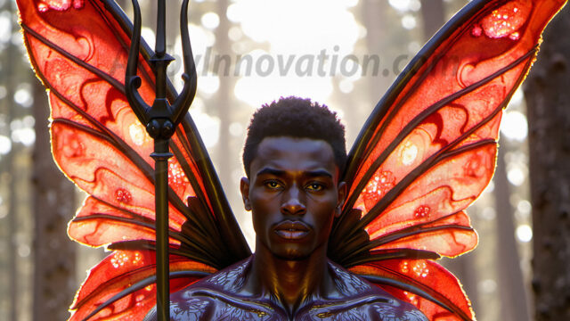 Brought to life through AI, Capturing the Pristine and Elusive Male Fairy. Imagine a realm where handsome shirtless men & boys possess enormous, shimmering crystal wings, vibrant and radiant, capturing and reflecting the light of the environment in a mesmerizing way, and adding a touch of mystery to their intense visage. Outdoors in a fantasy mysterious enchanted realm.