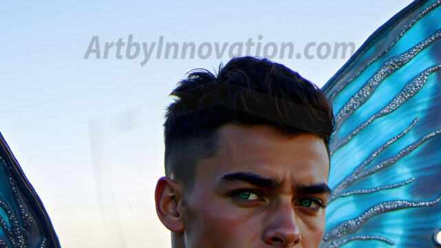 Brought to life through AI, Capturing the Pristine and Elusive Male Fairy. Imagine a realm where handsome shirtless men & boys possess enormous, shimmering crystal wings, vibrant and radiant, capturing and reflecting the light of the environment in a mesmerizing way, and adding a touch of mystery to their intense visage. Outdoors in a fantasy mysterious enchanted realm.