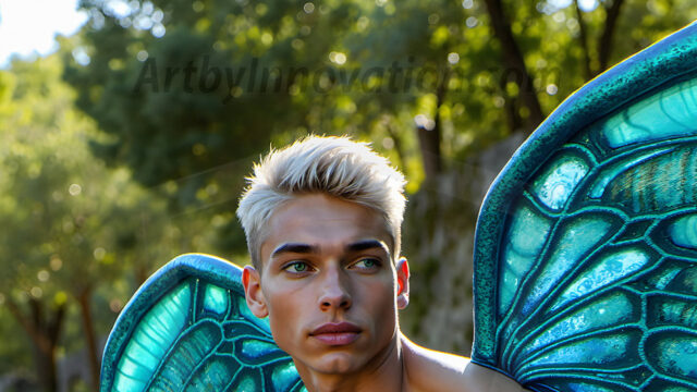 Brought to life through AI, Capturing the Pristine and Elusive Male Fairy. Imagine a realm where handsome shirtless men & boys possess enormous, shimmering crystal wings, vibrant and radiant, capturing and reflecting the light of the environment in a mesmerizing way, and adding a touch of mystery to their intense visage. Outdoors in a fantasy mysterious enchanted realm.
