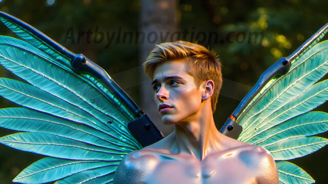 Brought to life through AI, Capturing the Pristine and Elusive Male Fairy. Imagine a realm where handsome shirtless men & boys possess enormous, shimmering crystal wings, vibrant and radiant, capturing and reflecting the light of the environment in a mesmerizing way, and adding a touch of mystery to their intense visage. Outdoors in a fantasy mysterious enchanted realm.