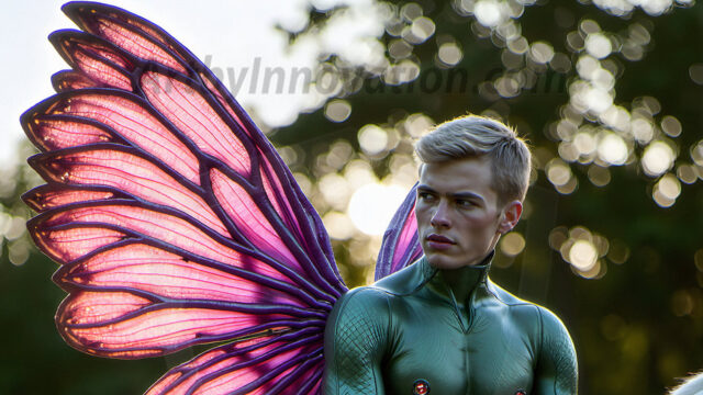 Brought to life through AI, Capturing the Pristine and Elusive Male Fairy. Imagine a realm where handsome shirtless men & boys possess enormous, shimmering crystal wings, vibrant and radiant, capturing and reflecting the light of the environment in a mesmerizing way, and adding a touch of mystery to their intense visage. Outdoors in a fantasy mysterious enchanted realm.