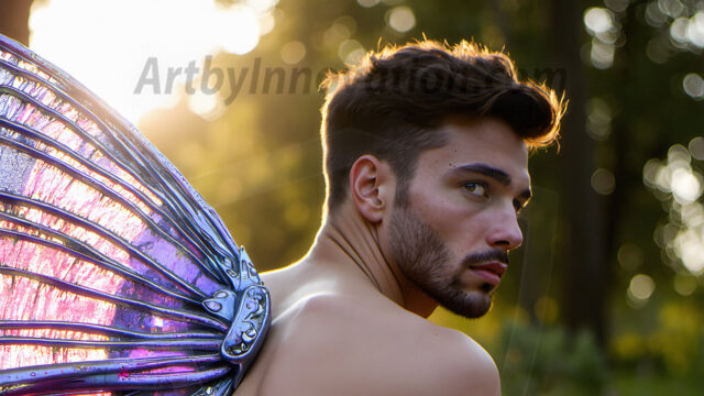 Brought to life through AI, Capturing the Pristine and Elusive Male Fairy. Imagine a realm where handsome shirtless men & boys possess enormous, shimmering crystal wings, vibrant and radiant, capturing and reflecting the light of the environment in a mesmerizing way, and adding a touch of mystery to their intense visage. Outdoors in a fantasy mysterious enchanted realm.