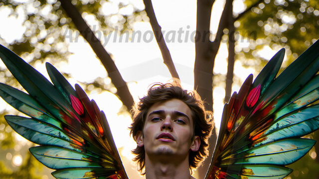 Brought to life through AI, Capturing the Pristine and Elusive Male Fairy. Imagine a realm where handsome shirtless men & boys possess enormous, shimmering crystal wings, vibrant and radiant, capturing and reflecting the light of the environment in a mesmerizing way, and adding a touch of mystery to their intense visage. Outdoors in a fantasy mysterious enchanted realm.