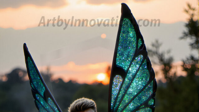 Brought to life through AI, Capturing the Pristine and Elusive Male Fairy. Imagine a realm where handsome shirtless men & boys possess enormous, shimmering crystal wings, vibrant and radiant, capturing and reflecting the light of the environment in a mesmerizing way, and adding a touch of mystery to their intense visage. Outdoors in a fantasy mysterious enchanted realm.