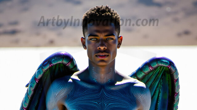 Brought to life through AI, Capturing the Pristine and Elusive Male Fairy. Imagine a realm where handsome shirtless men & boys possess enormous, shimmering crystal wings, vibrant and radiant, capturing and reflecting the light of the environment in a mesmerizing way, and adding a touch of mystery to their intense visage. Outdoors in a fantasy mysterious enchanted realm.