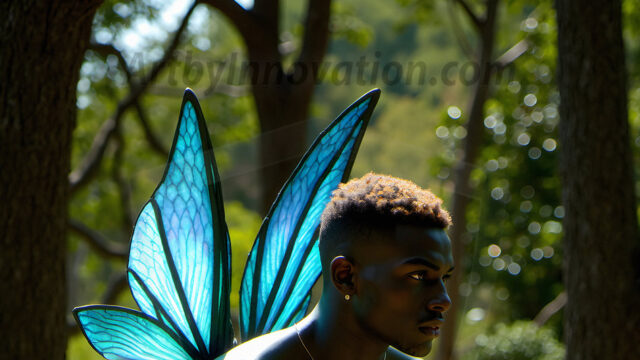 Brought to life through AI, Capturing the Pristine and Elusive Male Fairy. Imagine a realm where handsome shirtless men & boys possess enormous, shimmering crystal wings, vibrant and radiant, capturing and reflecting the light of the environment in a mesmerizing way, and adding a touch of mystery to their intense visage. Outdoors in a fantasy mysterious enchanted realm.