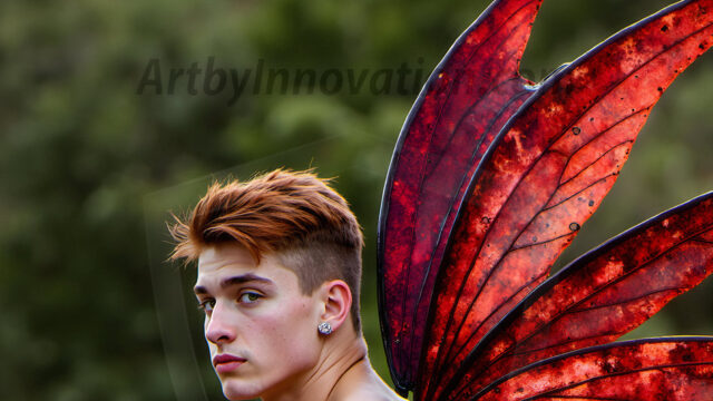 Brought to life through AI, Capturing the Pristine and Elusive Male Fairy. Imagine a realm where handsome shirtless men & boys possess enormous, shimmering crystal wings, vibrant and radiant, capturing and reflecting the light of the environment in a mesmerizing way, and adding a touch of mystery to their intense visage. Outdoors in a fantasy mysterious enchanted realm.