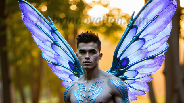 Brought to life through AI, Capturing the Pristine and Elusive Male Fairy. Imagine a realm where handsome shirtless men & boys possess enormous, shimmering crystal wings, vibrant and radiant, capturing and reflecting the light of the environment in a mesmerizing way, and adding a touch of mystery to their intense visage. Outdoors in a fantasy mysterious enchanted realm.