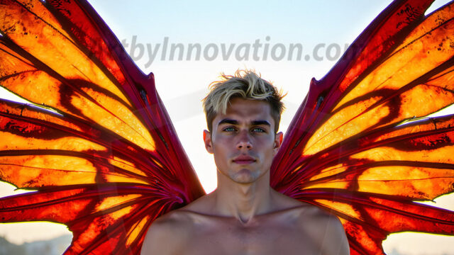 Brought to life through AI, Capturing the Pristine and Elusive Male Fairy. Imagine a realm where handsome shirtless men & boys possess enormous, shimmering crystal wings, vibrant and radiant, capturing and reflecting the light of the environment in a mesmerizing way, and adding a touch of mystery to their intense visage. Outdoors in a fantasy mysterious enchanted realm.