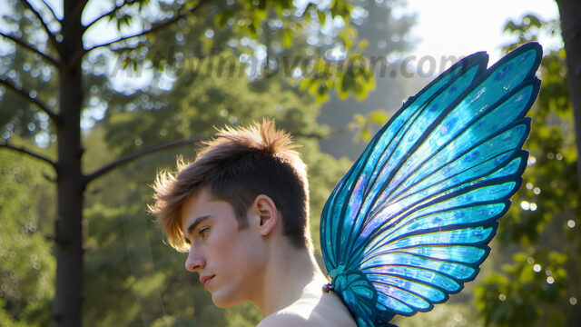 Brought to life through AI, Capturing the Pristine and Elusive Male Fairy. Imagine a realm where handsome shirtless men & boys possess enormous, shimmering crystal wings, vibrant and radiant, capturing and reflecting the light of the environment in a mesmerizing way, and adding a touch of mystery to their intense visage. Outdoors in a fantasy mysterious enchanted realm.