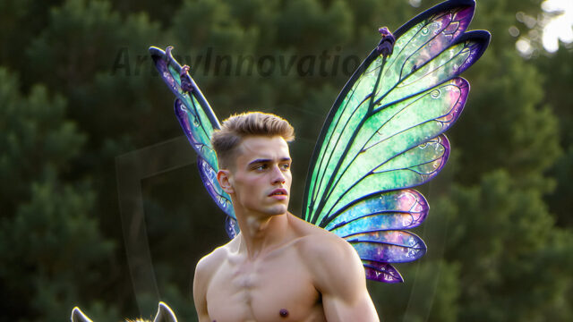 Brought to life through AI, Capturing the Pristine and Elusive Male Fairy. Imagine a realm where handsome shirtless men & boys possess enormous, shimmering crystal wings, vibrant and radiant, capturing and reflecting the light of the environment in a mesmerizing way, and adding a touch of mystery to their intense visage. Outdoors in a fantasy mysterious enchanted realm.