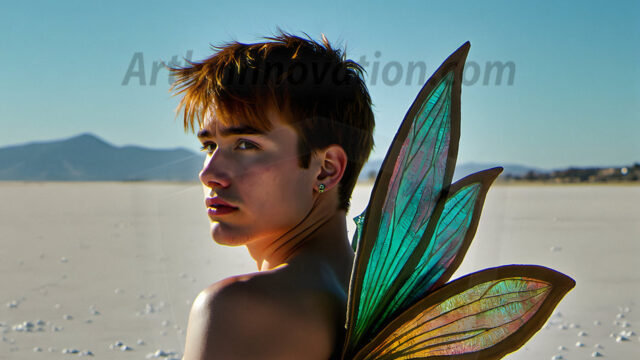 Brought to life through AI, Capturing the Pristine and Elusive Male Fairy. Imagine a realm where handsome shirtless men & boys possess enormous, shimmering crystal wings, vibrant and radiant, capturing and reflecting the light of the environment in a mesmerizing way, and adding a touch of mystery to their intense visage. Outdoors in a fantasy mysterious enchanted realm.