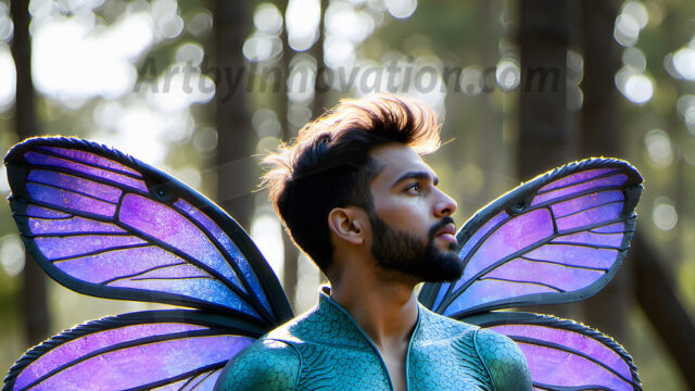 Brought to life through AI, Capturing the Pristine and Elusive Male Fairy. Imagine a realm where handsome shirtless men & boys possess enormous, shimmering crystal wings, vibrant and radiant, capturing and reflecting the light of the environment in a mesmerizing way, and adding a touch of mystery to their intense visage. Outdoors in a fantasy mysterious enchanted realm.
