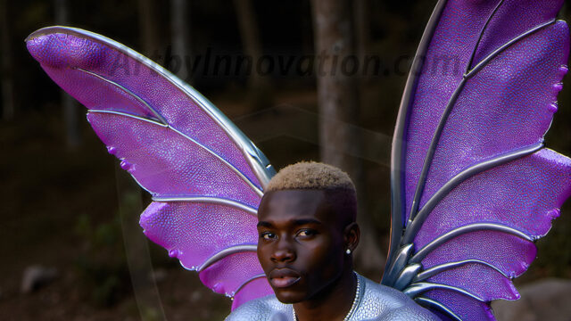 Brought to life through AI, Capturing the Pristine and Elusive Male Fairy. Imagine a realm where handsome shirtless men & boys possess enormous, shimmering crystal wings, vibrant and radiant, capturing and reflecting the light of the environment in a mesmerizing way, and adding a touch of mystery to their intense visage. Outdoors in a fantasy mysterious enchanted realm.