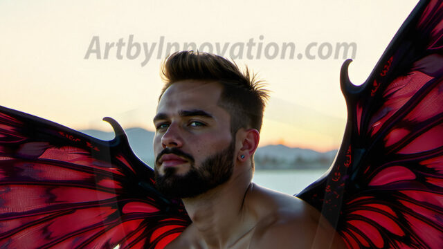 Brought to life through AI, Capturing the Pristine and Elusive Male Fairy. Imagine a realm where handsome shirtless men & boys possess enormous, shimmering crystal wings, vibrant and radiant, capturing and reflecting the light of the environment in a mesmerizing way, and adding a touch of mystery to their intense visage. Outdoors in a fantasy mysterious enchanted realm.