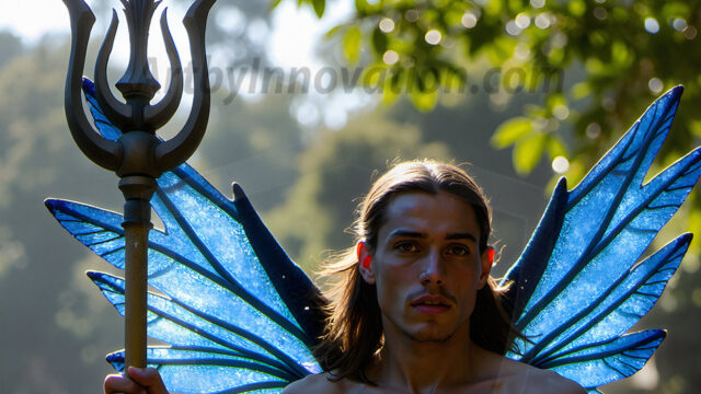 Brought to life through AI, Capturing the Pristine and Elusive Male Fairy. Imagine a realm where handsome shirtless men & boys possess enormous, shimmering crystal wings, vibrant and radiant, capturing and reflecting the light of the environment in a mesmerizing way, and adding a touch of mystery to their intense visage. Outdoors in a fantasy mysterious enchanted realm.