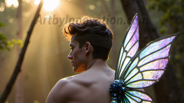 Brought to life through AI, Capturing the Pristine and Elusive Male Fairy. Imagine a realm where handsome shirtless men & boys possess enormous, shimmering crystal wings, vibrant and radiant, capturing and reflecting the light of the environment in a mesmerizing way, and adding a touch of mystery to their intense visage. Outdoors in a fantasy mysterious enchanted realm.