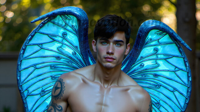 Brought to life through AI, Capturing the Pristine and Elusive Male Fairy. Imagine a realm where handsome shirtless men & boys possess enormous, shimmering crystal wings, vibrant and radiant, capturing and reflecting the light of the environment in a mesmerizing way, and adding a touch of mystery to their intense visage. Outdoors in a fantasy mysterious enchanted realm.