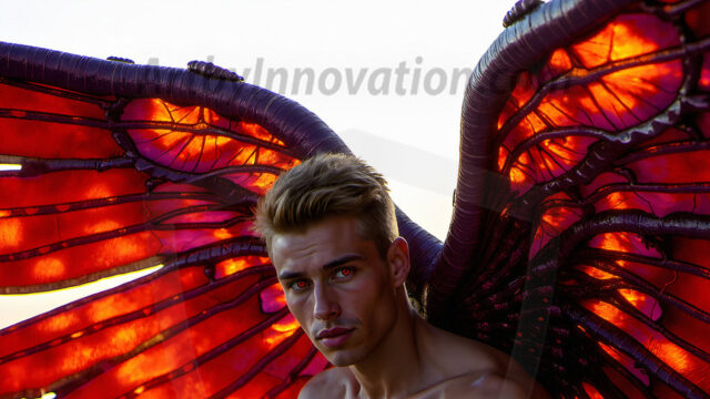 Brought to life through AI, Capturing the Pristine and Elusive Male Fairy. Imagine a realm where handsome shirtless men & boys possess enormous, shimmering crystal wings, vibrant and radiant, capturing and reflecting the light of the environment in a mesmerizing way, and adding a touch of mystery to their intense visage. Outdoors in a fantasy mysterious enchanted realm.
