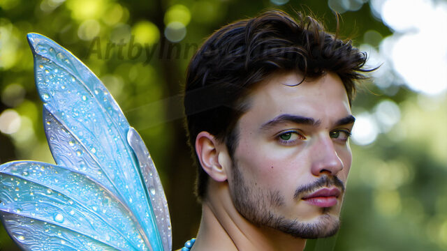 Brought to life through AI, Capturing the Pristine and Elusive Male Fairy. Imagine a realm where handsome shirtless men & boys possess enormous, shimmering crystal wings, vibrant and radiant, capturing and reflecting the light of the environment in a mesmerizing way, and adding a touch of mystery to their intense visage. Outdoors in a fantasy mysterious enchanted realm.