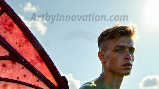 Brought to life through AI, Capturing the Pristine and Elusive Male Fairy. Imagine a realm where handsome shirtless men & boys possess enormous, shimmering crystal wings, vibrant and radiant, capturing and reflecting the light of the environment in a mesmerizing way, and adding a touch of mystery to their intense visage. Outdoors in a fantasy mysterious enchanted realm.